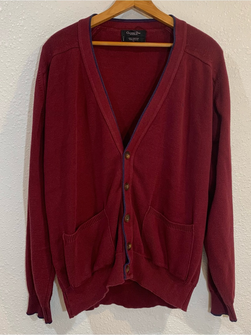 Vintage Christian Dior Monsieur Cardigan L Sweater Cotton Burgundy Blue Mens USA